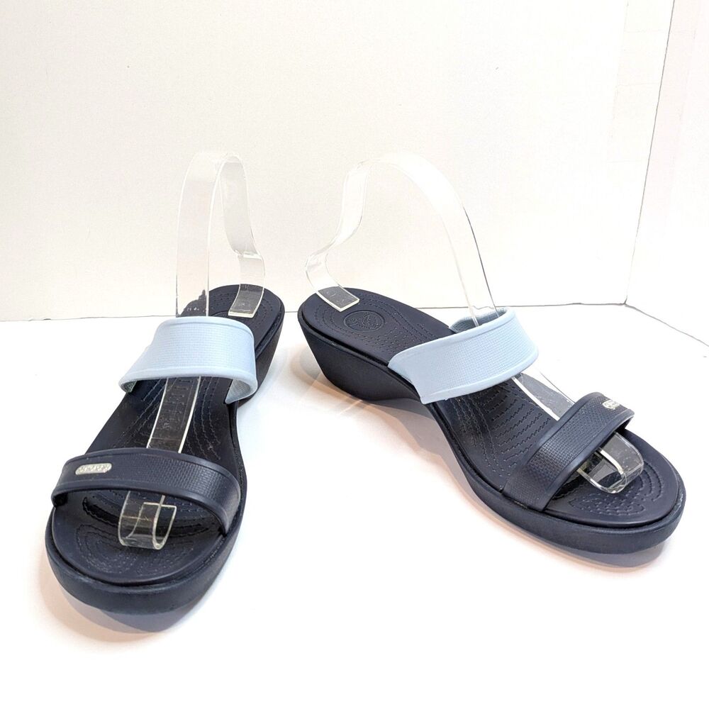 Crocs Madeira Wedge Slide Sandals Women's 9 Navy Blue Light Blue 2-Strap Comfort